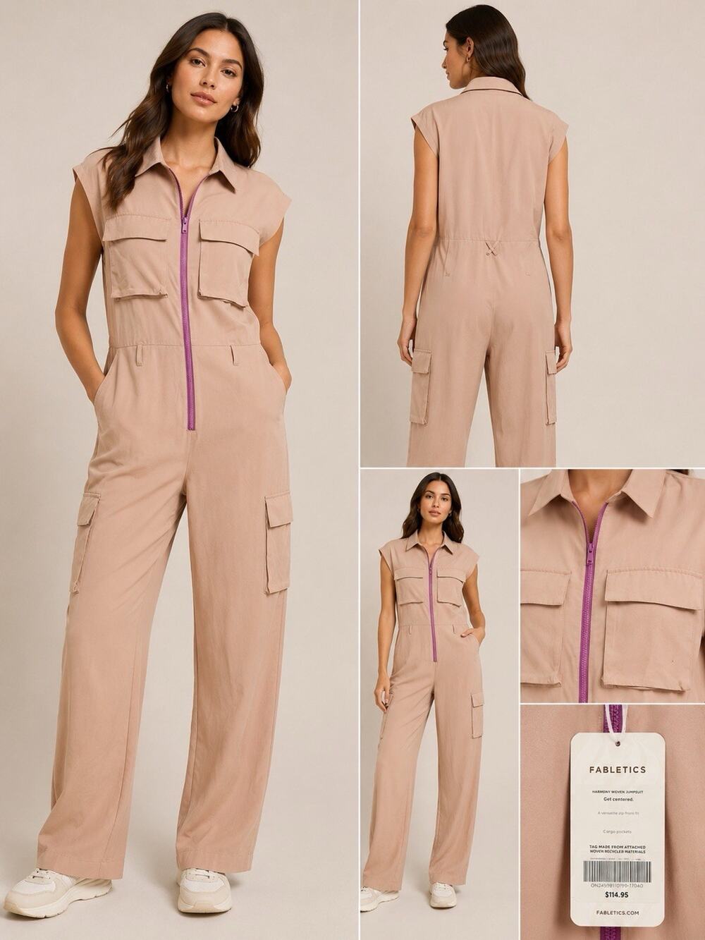 Fabletics Harmony Woven Cargo Utility Jumpsuit Beige Zip Front Women’s